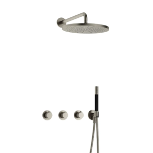 Hotbath Cobber X IBSX70 inbouw regendoucheset met staafhanddouche aan houder en 30cm ronde hoofddouche aan 40cm wandarm geborsteld nikkel - Loodgieter in hengelo