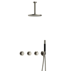 Hotbath Cobber X IBSX70 inbouw regendoucheset met staafhanddouche aan houder en 20cm ronde hoofddouche aan 15cm plafondarm geborsteld nikkel - Loodgieter in hengelo