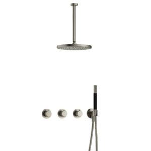 Hotbath Cobber X IBSX70 inbouw regendoucheset met staafhanddouche aan houder en 30cm ronde hoofddouche aan 30cm plafondarm geborsteld nikkel - Loodgieter in hengelo
