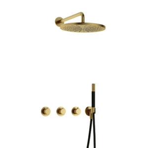 Hotbath Cobber X IBSX70 inbouw regendoucheset met staafhanddouche aan houder en 30cm ronde hoofddouche aan 40cm wandarm geborsteld messing PVD - Loodgieter in hengelo