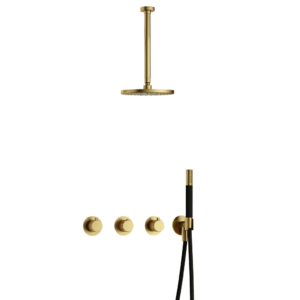 Hotbath Cobber X IBSX70 inbouw regendoucheset met staafhanddouche aan houder en 20cm ronde hoofddouche aan 30cm plafondarm geborsteld messing PVD - Loodgieter in hengelo