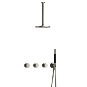 Hotbath Cobber X IBSX70 inbouw regendoucheset met staafhanddouche aan houder en 20cm ronde hoofddouche aan 30cm plafondarm geborsteld nikkel - Loodgieter in hengelo