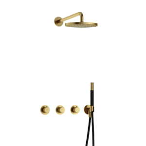 Hotbath Cobber X IBSX70 inbouw regendoucheset met staafhanddouche aan houder en 20cm ronde hoofddouche aan 40cm wandarm geborsteld messing PVD - Loodgieter in hengelo