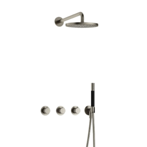 Hotbath Cobber X IBSX70 inbouw regendoucheset met staafhanddouche aan houder en 20cm ronde hoofddouche aan 40cm wandarm geborsteld nikkel - Loodgieter in hengelo