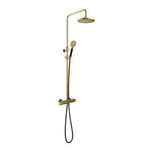 Hotbath Cobber X SDSX9 opbouw regendoucheset met ronde handdouche en 20cm ronde hoofddouche aan glijstang geborsteld messing PVD - Loodgieter in hengelo
