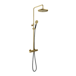 Hotbath Cobber X SDSX9 opbouw regendoucheset met ronde handdouche en 30cm ronde hoofddouche aan glijstang geborsteld messing PVD - Loodgieter in hengelo