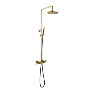 Hotbath Cobber X SDSX9 opbouw regendoucheset met staafhanddouche en 20cm ronde hoofddouche aan glijstang geborsteld messing PVD - Loodgieter in hengelo