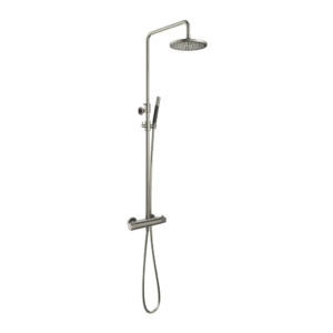 Hotbath Cobber X SDSX9 opbouw regendoucheset met staafhanddouche en 20cm ronde hoofddouche aan glijstang geborsteld nikkel - Loodgieter in hengelo