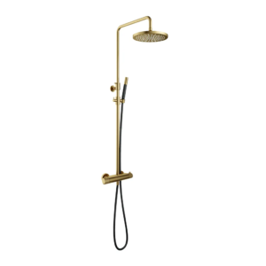 Hotbath Cobber X SDSX9 opbouw regendoucheset met staafhanddouche en 30cm ronde hoofddouche aan glijstang geborsteld messing PVD - Loodgieter in hengelo