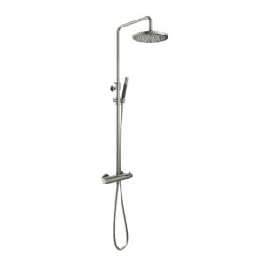 Hotbath Cobber X SDSX9 opbouw regendoucheset met staafhanddouche en 30cm ronde hoofddouche aan glijstang geborsteld nikkel - Loodgieter in hengelo