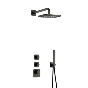Hotbath Gal IBS40 inbouw regendoucheset met staafhanddouche aan houder en 22cm vierkante hoofddouche aan 35cm wandarm geborsteld gunmetal PVD - Loodgieter in hengelo