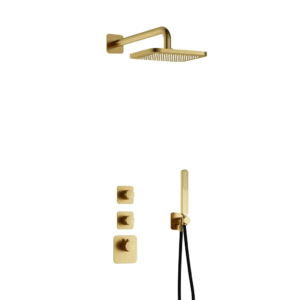 Hotbath Gal IBS40 inbouw regendoucheset met staafhanddouche aan houder en 22cm vierkante hoofddouche aan 35cm wandarm geborsteld messing PVD - Loodgieter in hengelo