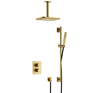 Hotbath Gal IBS40A inbouw regendoucheset met staafhanddouche aan glijstang en 22cm vierkante hoofddouche aan 15cm plafondarm geborsteld messing PVD - Loodgieter in hengelo