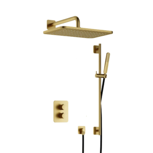 Hotbath Gal IBS40A inbouw regendoucheset met staafhanddouche aan glijstang en 27x40cm rechthoekige hoofddouche aan 35cm wandarm geborsteld messing PVD - Loodgieter in hengelo