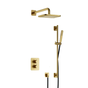 Hotbath Gal IBS40A inbouw regendoucheset met staafhanddouche aan glijstang en 22cm vierkante hoofddouche aan 35cm wandarm geborsteld messing PVD - Loodgieter in hengelo