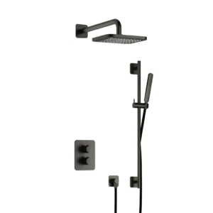 Hotbath Gal IBS40A inbouw regendoucheset met staafhanddouche aan glijstang en 22cm vierkante hoofddouche aan 35cm wandarm geborsteld gunmetal PVD - Loodgieter in hengelo