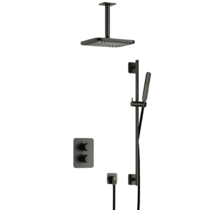 Hotbath Gal IBS40A inbouw regendoucheset met staafhanddouche aan glijstang en 22cm vierkante hoofddouche aan 15cm plafondarm geborsteld gunmetal PVD - Loodgieter in hengelo