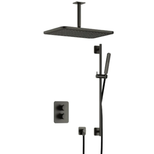Hotbath Gal IBS40A inbouw regendoucheset met staafhanddouche aan glijstang en 27x40cm rechthoekige hoofddouche aan 15cm plafondarm geborsteld gunmetal - Loodgieter in hengelo