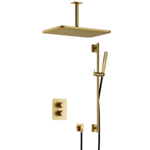 Hotbath Gal IBS40A inbouw regendoucheset met staafhanddouche aan glijstang en 27x40cm rechthoekige hoofddouche aan 15cm plafondarm geborsteld messing - Loodgieter in hengelo