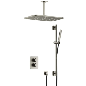 Hotbath Gal IBS40A inbouw regendoucheset met staafhanddouche aan glijstang en 27x40cm rechthoekige hoofddouche aan 15cm plafondarm geborsteld nikkel - Loodgieter in hengelo