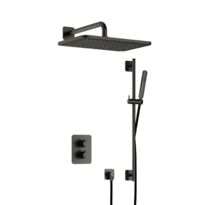 Hotbath Gal IBS40A inbouw regendoucheset met staafhanddouche aan glijstang en 27x40cm rechthoekige hoofddouche aan 35cm wandarm geborsteld gunmetal PV - Loodgieter in hengelo