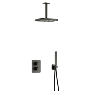 Hotbath Gal IBS40A inbouw regendoucheset met staafhanddouche aan houder en 22cm vierkante hoofddouche aan 15cm plafondarm geborsteld gunmetal PVD - Loodgieter in hengelo