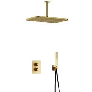Hotbath Gal IBS40A inbouw regendoucheset met staafhanddouche aan houder en 27x40cm rechthoekige hoofddouche aan 15cm plafondarm geborsteld messing PVD - Loodgieter in hengelo
