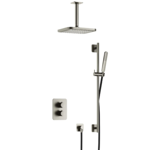 Hotbath Gal IBS40A inbouw regendoucheset met staafhanddouche aan houder en 27x40cm rechthoekige hoofddouche aan 15cm plafondarm geborsteld nikkel - Loodgieter in hengelo