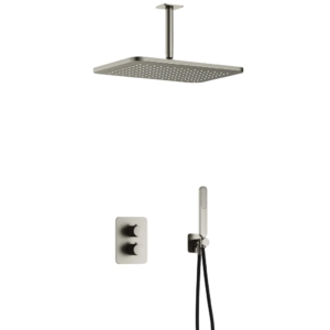 Hotbath Gal IBS40A inbouw regendoucheset met staafhanddouche aan houder en 27x40cm rechthoekige hoofddouche aan 15cm plafondarm geborsteld nikkel - Loodgieter in hengelo