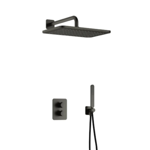 Hotbath Gal IBS40A inbouw regendoucheset met staafhanddouche aan houder en 27x40cm rechthoekige hoofddouche aan 35cm wandarm geborsteld gunmetal PVD - Loodgieter in hengelo