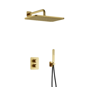 Hotbath Gal IBS40A inbouw regendoucheset met staafhanddouche aan houder en 27x40cm rechthoekige hoofddouche aan 35cm wandarm geborsteld messing PVD - Loodgieter in hengelo