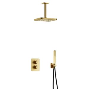 Hotbath Gal IBS40A inbouw regendoucheset met staafhanddouche aan houder en 22cm vierkante hoofddouche aan 15cm plafondarm geborsteld messing PVD - Loodgieter in hengelo