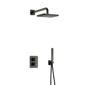 Hotbath Gal IBS40A inbouw regendoucheset met staafhanddouche aan houder en 22cm vierkante hoofddouche aan 35cm wandarm geborsteld gunmetal PVD - Loodgieter in hengelo