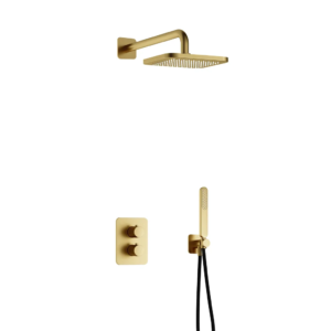 Hotbath Gal IBS40A inbouw regendoucheset met staafhanddouche aan houder en 22cm vierkante hoofddouche aan 35cm wandarm geborsteld messing PVD - Loodgieter in hengelo