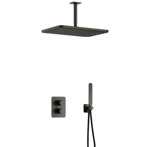 Hotbath Gal IBS40A inbouw regendoucheset met staafhanddouche aan houder en 27x40cm rechthoekige hoofddouche aan 15cm plafondarm geborsteld gunmetal PV - Loodgieter in hengelo