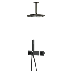 Hotbath Gal IBS41 inbouw regendoucheset met staafhanddouche aan houder en 22cm vierkante hoofddouche aan 15cm plafondarm geborsteld gunmetal PVD - Loodgieter in hengelo