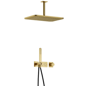 Hotbath Gal IBS41 inbouw regendoucheset met staafhanddouche aan houder en 27x40cm rechthoekige hoofddouche aan 15cm plafondarm geborsteld messing PVD - Loodgieter in hengelo