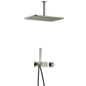 Hotbath Gal IBS41 inbouw regendoucheset met staafhanddouche aan houder en 27x40cm rechthoekige hoofddouche aan 15cm plafondarm geborsteld nikkel - Loodgieter in hengelo