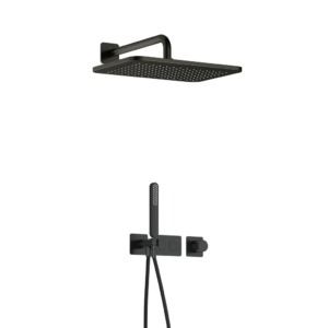 Hotbath Gal IBS41 inbouw regendoucheset met staafhanddouche aan houder en 27x40cm rechthoekige hoofddouche aan 35cm wandarm geborsteld gunmetal PVD - Loodgieter in hengelo