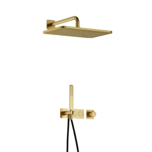 Hotbath Gal IBS41 inbouw regendoucheset met staafhanddouche aan houder en 27x40cm rechthoekige hoofddouche aan 35cm wandarm geborsteld messing PVD - Loodgieter in hengelo