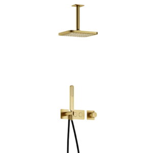 Hotbath Gal IBS41 inbouw regendoucheset met staafhanddouche aan houder en 22cm vierkante hoofddouche aan 15cm plafondarm geborsteld messing PVD - Loodgieter in hengelo