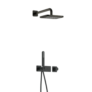 Hotbath Gal IBS41 inbouw regendoucheset met staafhanddouche aan houder en 22cm vierkante hoofddouche aan 35cm wandarm geborsteld gunmetal PVD - Loodgieter in hengelo