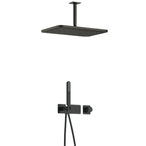 Hotbath Gal IBS41 inbouw regendoucheset met staafhanddouche aan houder en 27x40cm rechthoekige hoofddouche aan 15cm plafondarm geborsteld gunmetal PVD - Loodgieter in hengelo