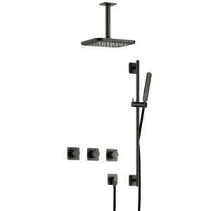 Hotbath Gal IBSGL70 inbouw regendoucheset met staafhanddouche aan glijstang en 22cm vierkante hoofddouche aan 15cm plafondarm geborsteld gunmetal PVD - Loodgieter in hengelo