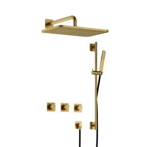 Hotbath Gal IBSGL70 inbouw regendoucheset met staafhanddouche aan glijstang en 27x40cm rechthoekige hoofddouche aan 40cm wandarm geborsteld messing PV - Loodgieter in hengelo