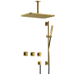 Hotbath Gal IBSGL70 inbouw regendoucheset met staafhanddouche aan glijstang en 27x40cm rechthoekige hoofddouche aan 15cm plafondarm geborsteld messing - Loodgieter in hengelo