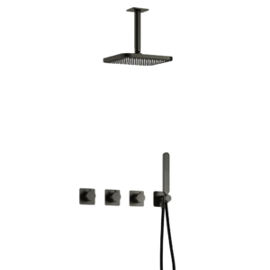 Hotbath Gal IBSGL70 inbouw regendoucheset met staafhanddouche aan houder en 22cm vierkante hoofddouche aan 15cm plafondarm geborsteld gunmetal PVD - Loodgieter in hengelo