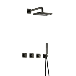 Hotbath Gal IBSGL70 inbouw regendoucheset met staafhanddouche aan houder en 22cm vierkante hoofddouche aan 40cm wandarm geborsteld gunmetal PVD - Loodgieter in hengelo