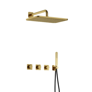 Hotbath Gal IBSGL70 inbouw regendoucheset met staafhanddouche aan houder en 27x40cm rechthoekige hoofddouche aan 40cm wandarm geborsteld messing PVD - Loodgieter in hengelo