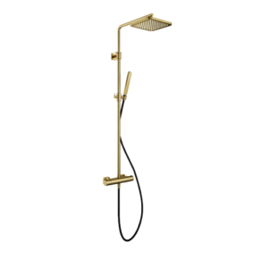 Hotbath Gal SDSGL9 opbouw regendoucheset met staafhanddouche en 22cm vierkante hoofddouche aan glijstang geborsteld messing PVD - Loodgieter in hengelo